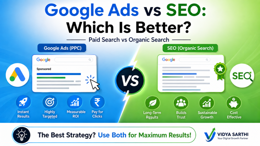 Google Ads vs SEO comparison showing paid search benefits, organic SEO benefits, and how both strategies can work together for maximum digital marketing results.